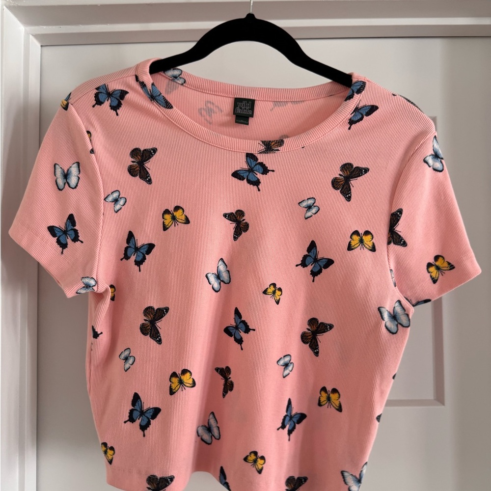 Pink Butterfly Print Crop T-shirt